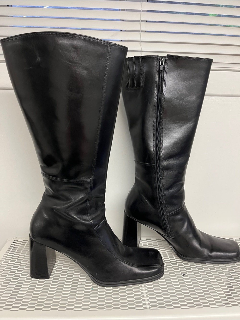 Black Leather below knee/mid calf Block Heel Boots